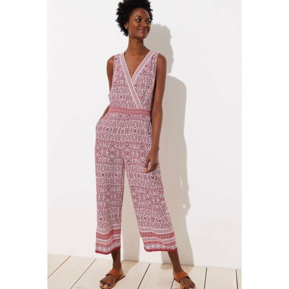 LOFT Beach White&Burgundy Print Rayon Jumpsuit Sz.18 NWT - Picture 1 of 15